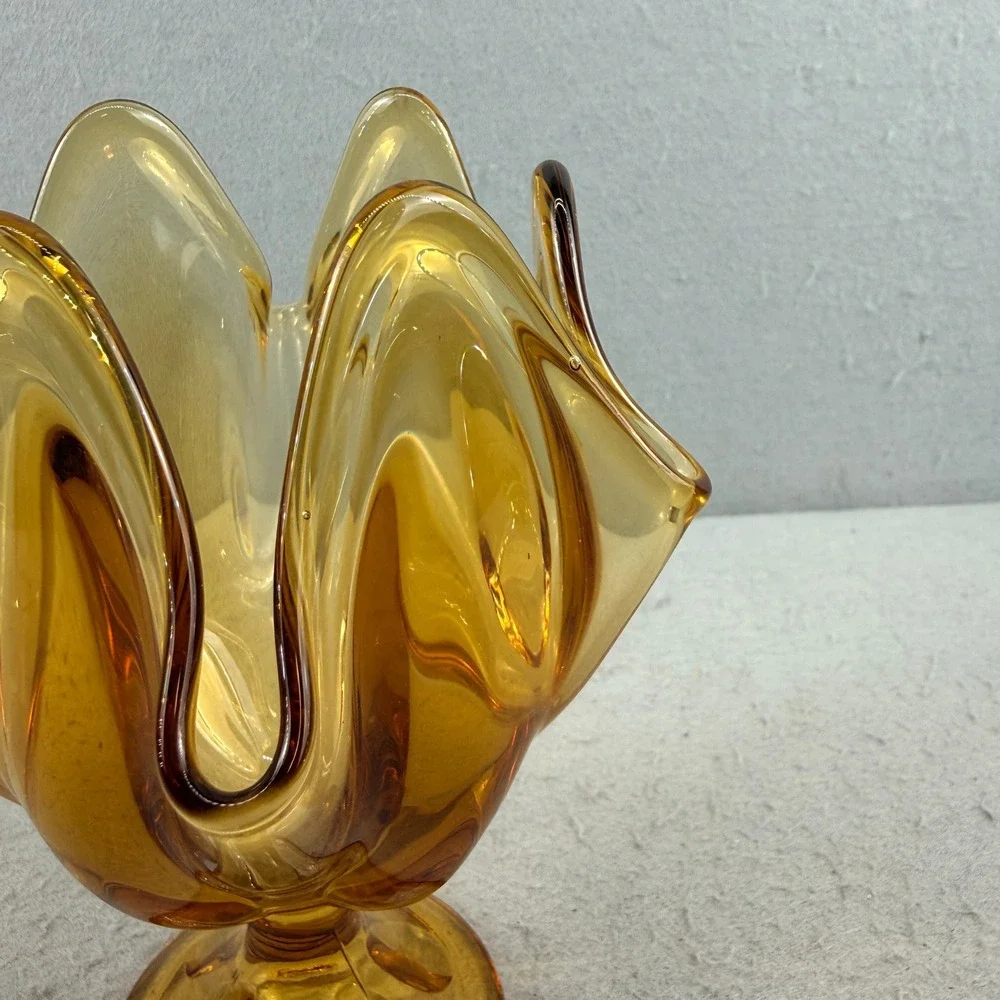 Viking Amber Art Glass Pedestal Vase Handkerchief Swung Rim Mid Century